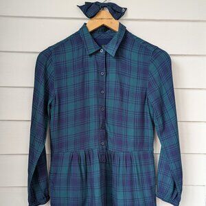 VINEYARD VINES GREEN & BLUE PLAID LONG SLEEVE DRESS GIRLS SIZE 12 MATCHING BOW